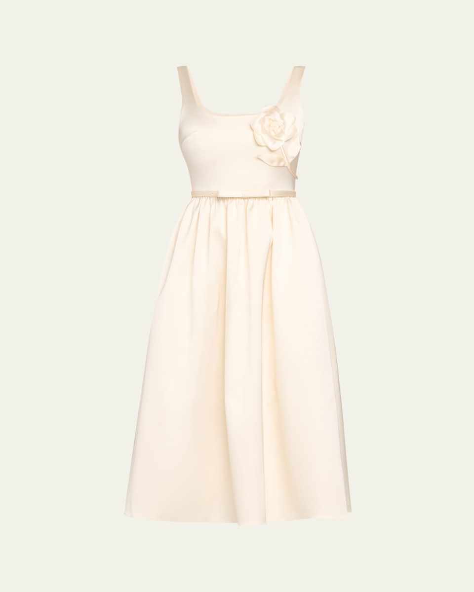 Bonded Satin Flower Midi Dress